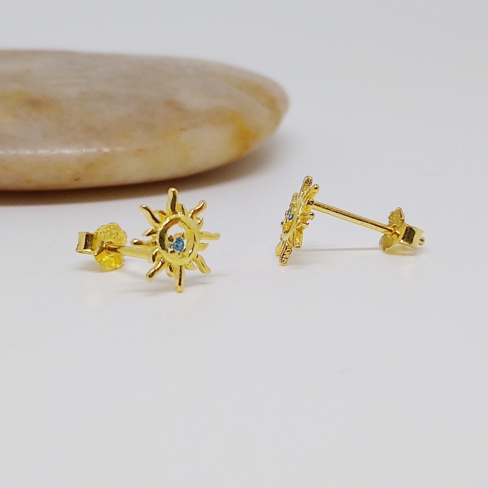 Tiny Dainty Gold CZ Sun Stud Earrings - Picture 5 of 7